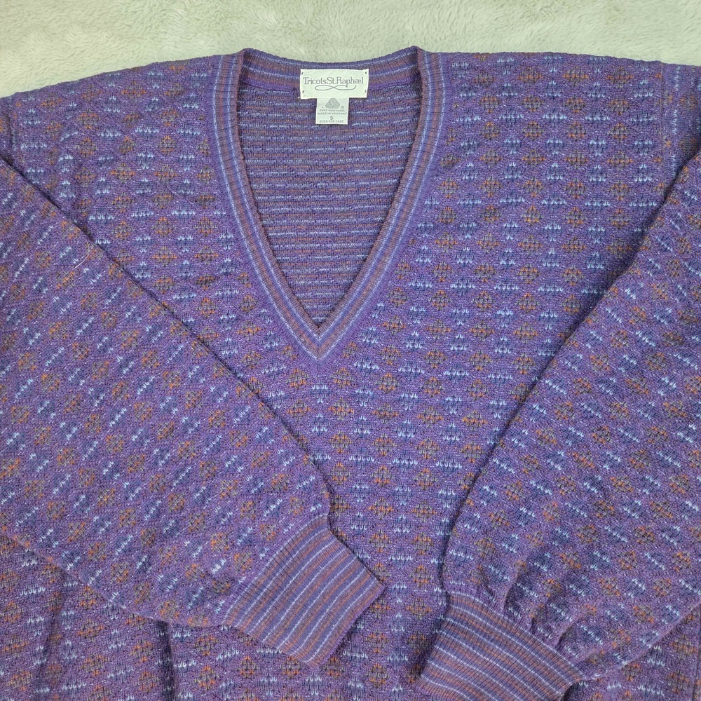 Vintage 90s Tricots St Raphael Wool V-Neck Sweater Mens S Geometric Knit Purple